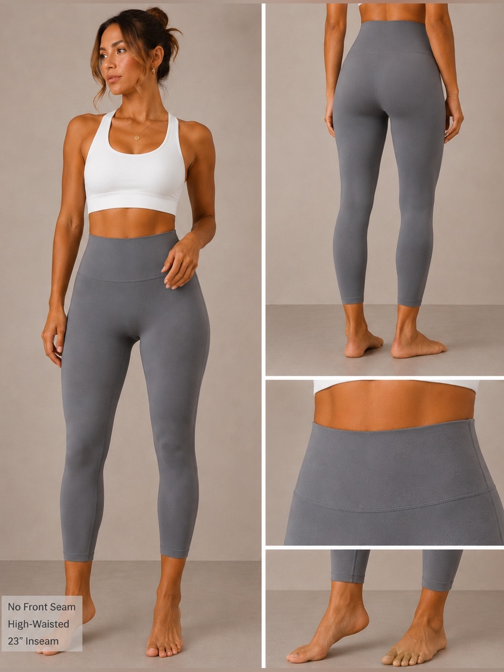 Women's No Front Seam High-Waisted Gray Leggings